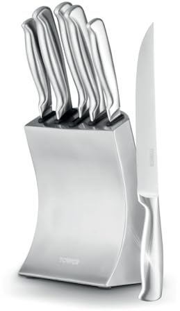 Tower Core 5 Piece Knife Set with Weighted Steel Block, High Grade Polished Stainless Steel, Fine Edge Precision Blades, Ergonomic Handles, Stainless Steel, T81537SS