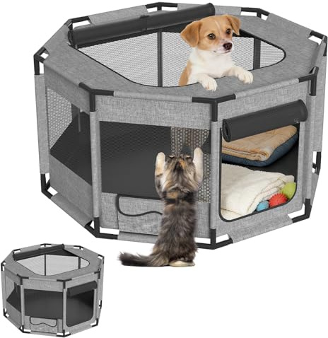 YRHome achteckig Welpenauslauf Extra Groß, Laufstall Hund aus 600D Oxford-Gewebe, Hundelaufgitter mit PVC-Rahmen und Reißverschluss Freilaufgehege für Hunde & Katzen bis 32 kg, 114x114x60 cm, Grau