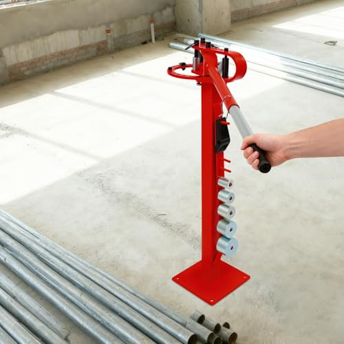 Manuelles Rohrbiegegerät, kompakte Biegemaschine für Rundstahl, Vierkantstahl & Flachstahl, hydraulisch Rohrbiegemaschine mit Ständer & 10 Matrizen, Max. 200° Biegewinkel (Rot)