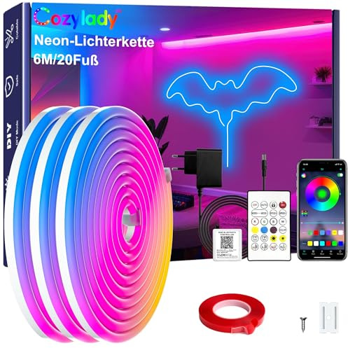 Cozylady RGB Neon Led strip Light, mit Fernbedienung, APP Steuerung, wasserdichte flexible Rgb Streifen, 24V LED Neon band für Schlafzimmer, Heiminnenausstattung Dekoration. (6M)