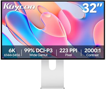 Kuycon G32P 6K 31.5'' Monitor, 6144x3456 Honeycomb con Soporte | 2000:1, 500 nits, 60Hz, 10 bits, 99% DCI-P3, USB-C 80Gbps con carga 100W, para diseño profesional