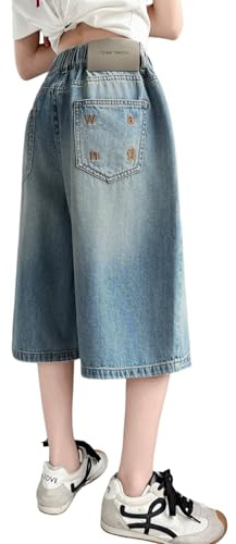 Rolanko Caprijeans för flickor, trefjärdedelsjeans, breda ben med elastisk midja för flickor, 6–14 år, Blå tvätt, 11-12 anni