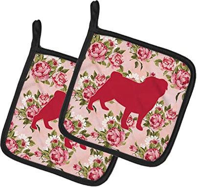 Caroline's Treasures Coppia di presine Pug Shabby Chic Rose Rosa BB1112-RS-PK-PTHD, Tessuto, Multicolore