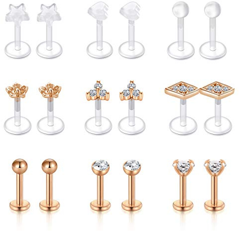 AceFun 16G Forward Helix Knorpel Tragus Ohrstecker und Durchsichtige Acryl Retainer Lippenpiercing Stecker Monore Labret Piercing 6mm 18 Stück