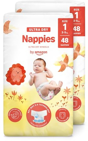 By Amazon Pañales ultra-secos, Talla 1 (2-5 kg), Con canales, Bianco, 96 Unidad (2 Paquetes de 48) - Nueva versión (Anteriormente una marca Mama Bear brand, el mismo producto)