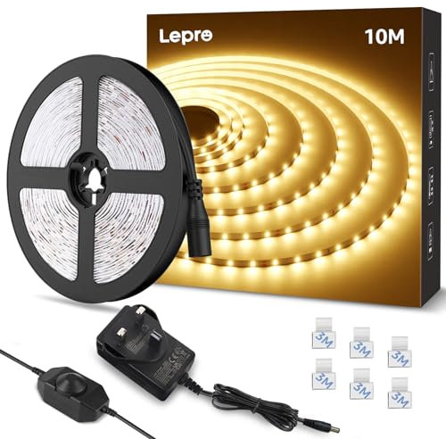 Lepro LED Strip Light Warm White 10M, 2000lm Dimmable LED Taple, 24V UK Plug in LED Strip with Dimmer Switch, 3000K Flexible Stick-on LED Lights for Bedroom, Kitchen, Cupboard, Shelf (1 Roll)