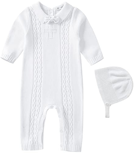 Booulfi Baby Clothes 6-9 Months Boys White 2 Pcs Long Sleeve Christening Outfit for Boys Cable Knit Jumper Newborn Clothes With Bonnet Christening Gifts