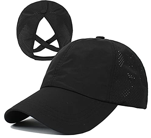 HGGE Damen Baseballkappe mit überkreuztem Pferdeschwanz, verstellbar, hoher unordentlicher Dutt, Ponycap, schnell trocknend