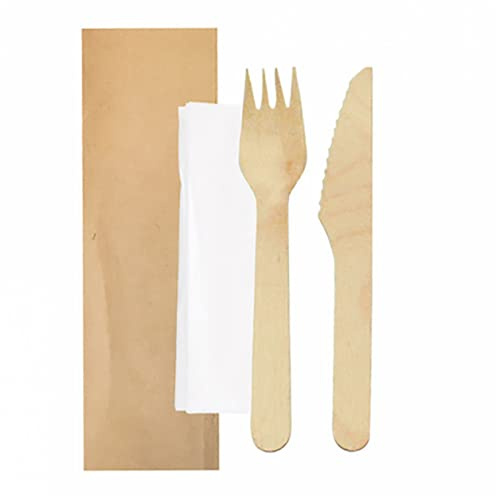 García de Pou 100 unidades - Set Tenedor, Cuchillo, Servilleta Enfundados Kraft 'Makan' 16 Cm Natural Madera