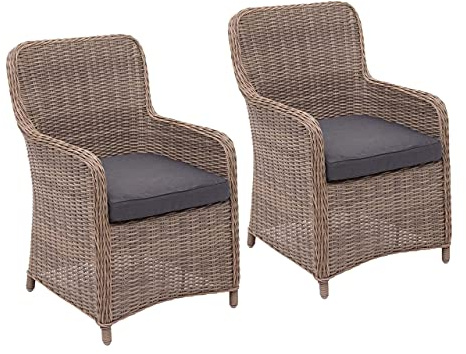 Mendler 2er-Set Poly-Rattan Stuhl HWC-E98 Rattan beige Kissen, grau | Rattanstuhl, Gartenstuhl, Korbsessel, Spun, Poly, halbrundes MVG