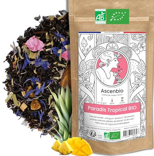 Ascenbio ✿ Tè nero paradiso tropicale biologico. ✿ mango, ananas e limone. ✿ 180 g sciolto. ✿ Preparato e confezionato in Francia. ✿ Imballaggio biodegradabile