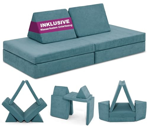 Linodino® Spielsofa | Kindersofa aus Schaumstoff Softbausteine - Kindercouch & Kuschelecke im Kinderzimmer | Stapelsteine für Kinder | Oeko-TEX 100 Zertifiziert | Krabbelkäfer Blau