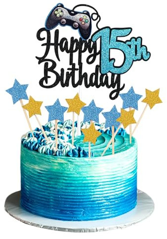 JEKUGOT Happy 15th Birthday Cake Topper, Glitter Video Game Cake Pick Game On Controllers 15 Cheers to 15 Years Cake Decoration, 15th Cake Topper (Blue)