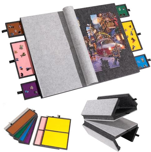 Tektalk Faltbares Puzzlebrett mit 6 farbigen Schubladen, tragbarer Puzzletisch für Erwachsene, superleichtes Filzpuzzle-Plateau mit Abdeckung, Aufbewahrung für 1500, 1000, 500 Puzzleteile