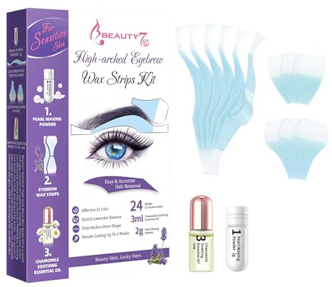 Strisce di Cera Depilatorie Sensibili del Sopracciglio ad Alto e Arcuato Donna, Confezione da 24 Strisce di Cera con 2g Polvere di Perle 3ml di Olio Essenziale di Camomilla Beauty7