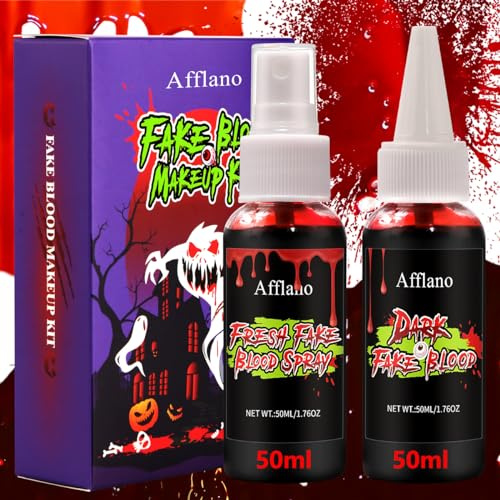 Afflano Realistisch Frisches Blutspray+ Dunkelrotes Tropfendes Kunstblut, Halloween Kunstblut Schminke Kit, Abwaschbar Sicher, Zombies Vampire Horror Wunde Narbe Monster Karneval Theater Kostüm 100ml