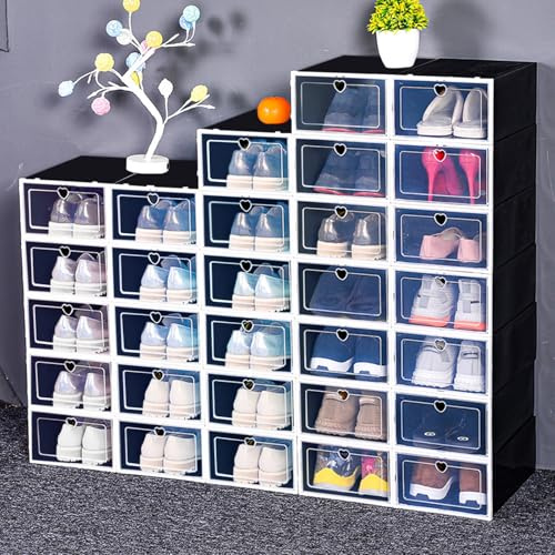 yoakaiax Paquete de 20 cajas de almacenamiento de zapatos transparentes apilables para armario, almacenamiento de zapatero para entrada, contenedores apilables de plástico transparente para tenis,