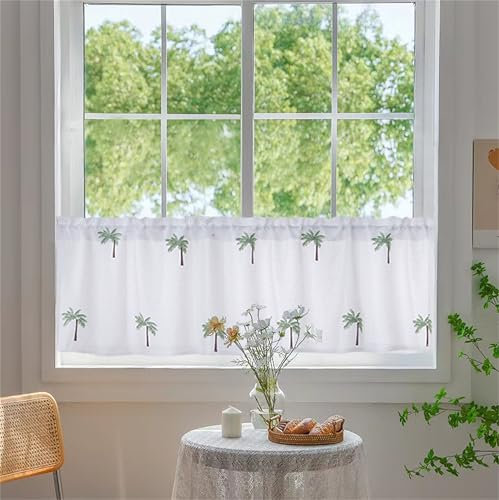 Dreamskull Scheibengardinen Bistrogardine Küche Kurz Modern Landhaus Bistro Halb Transparent Kurzstores Gardinen Kurzgardinen Kurzvorhang Kleinfenster mit Stickerei Blumen Muster Wohnzimmer Weiß