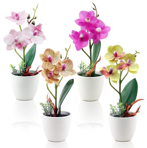 ginojex 4Pcs Künstliche Blumen Orchidee Fake Phalaenopsis Kleine Topfpflanze Keramik Vase für Tisch Mittelstück Home Office Badezimmer Hochzeit Dekor
