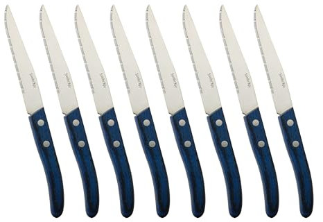 SanheKit Set di 8 Coltelli da Bistecca, Manico in Legno Paka Blu, 21,5 cm, Lama Seghettata