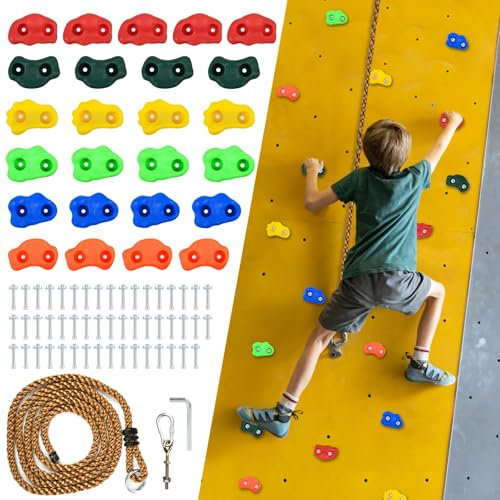 25 PCS Rock Climbing Holds for Kids, Rock Wall Holds with 7.48 Ft Climbing Rope, Indoor and Outdoor Rock Wall Kit, Multi-Colored Climbing Rock Wall Grips for Playground Play Set (Small)
