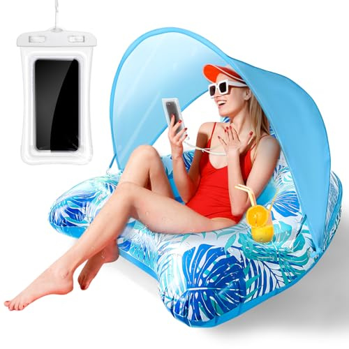 NlsqEU Fauteuil Gonflable Piscine,Bouée Piscine d'eau Gonflable avec Porte-Gobelet et Poignées Pochette Etanche Smartphone,Flottantes Hamac Gonflable Bouée Piscine Adulte avec Auvent de Protection