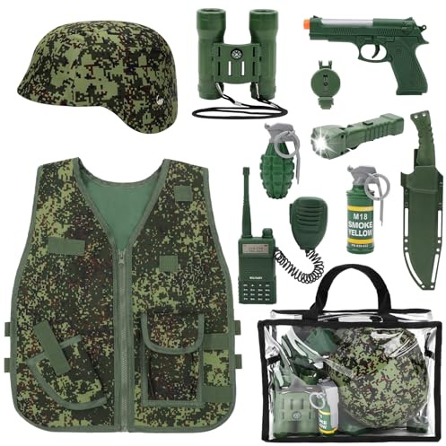 deAO Costume Soldat pour Enfant, Ensemble Déguisement Militaire Camouflage | Casque, Jumelles, Talkie, Pistolet Sonore, Grenades, Torche, Boussole, Gilet, Lavable, Extérieur, Jeu de Rôle de 3+ Ans