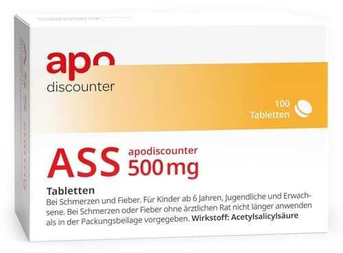 apodiscounter ASS 500 mg Tabletten (1x 100 Stück) - Schmerzmittel gegen Kopfschmerzen, Zahnschmerzen & Fieber - Entzündungshemmend & fiebersenkend