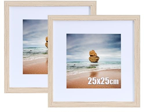 LYYYYX Bilderrahmen 25x25cm Beige Holz Passepartout Acrylglas 2er-Set | Leichter Rahmen mit Antireflex Acrylglas und Passepartout für 15x15cm Fotos, geeignet für Puzzles, Poster, Collagen