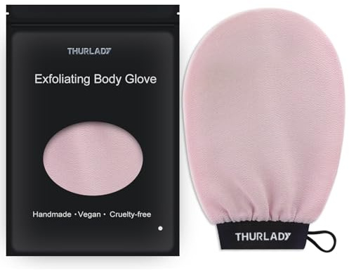 THURLADY Exfoliating Glove, Korean Exfoliating Mitt Body Scrubber, Viscose Fiber Bath Shower Scrub Gloves, Dead Skin Remover for Body, Skin Care Tools for Smoother Skin, Self-Tan Prep & Removal, Pink