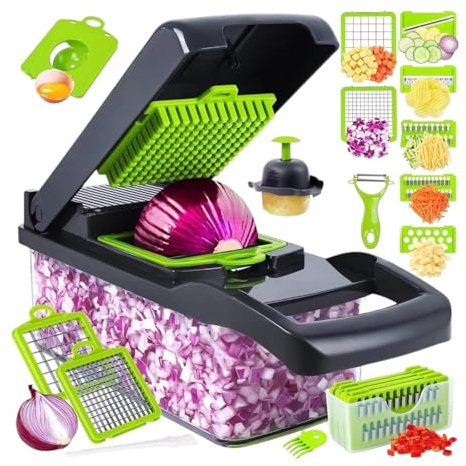 VAROLIA Manueller Gemüseschneider mit Behälter - Mandoline 16 in 1 - Gemüsereibe mit 8 Klingen - Küchenreibe für Salate, Kartoffeln, Zwiebeln, Tomaten und Gurken