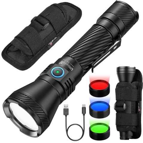 UltraFire Wiederaufladbare Taktische Taschenlampe mit Holster, 1800 Lumen mit Rotes/Grünes/Blaues Licht, 4 Modi LED Polizei Taschenlampe, Doppelschalter, 550 Meter Reichweite, IPX8 Wasserdicht, USB-C