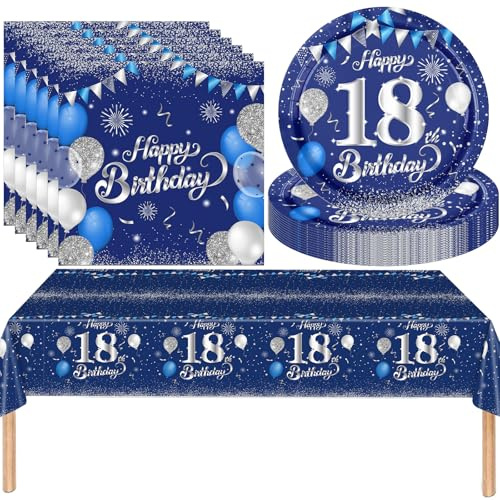 MOMAHUA 37Stk Blau Silber Partygeschirr Set, 18. Geburtstag Party Geschirr Pappteller, Tischdeko Geburtstag Mädchen Junge mit Tischdecken Pappteller Servietten Pappgeschirr für Geburtstagsdeko 18th