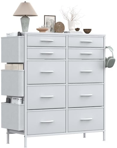 GoaHi Chest of Drawers, 10 Fabric Drawers with Side Pockets, White