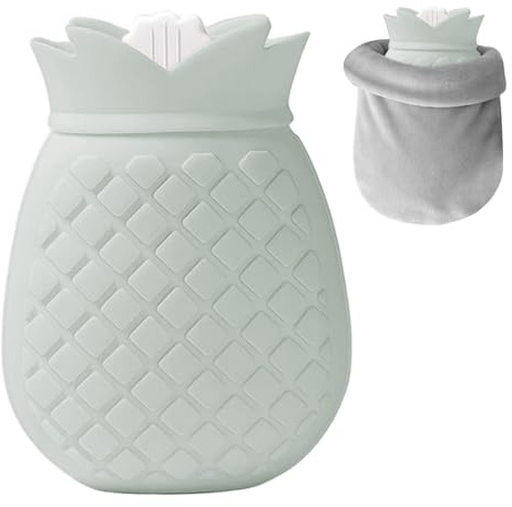 Mini botella de agua caliente pequeña botella de agua caliente de 350 ml con funda suave extraíble y lavable para aliviar el dolor de espalda cuello y hombros gris-verde