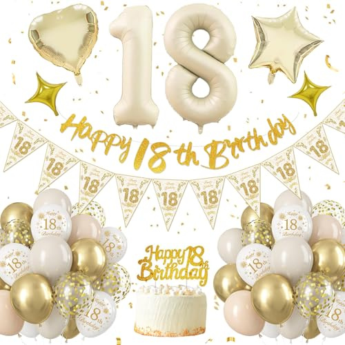 Decoracion 18 Cumpleaños Chica Chico, Globos 18 Cumpleaños,Dorado Blanco Cumpleanos de 18 Años,Feliz Cumpleaños Pancarta Globo Número 18,Globos de Aluminio,Adorno para Tartas,Decoracion de Fiesta