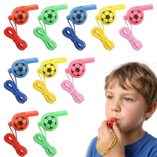 10 Pcs Sifflet Football Enfant avec Cordon, Sifflet de Sport en Plastique Multicolore pour Arbitre, Entraîneur et Supporter, Idéal pour Match, Fête d'Anniversaire et École, 5 Couleurs