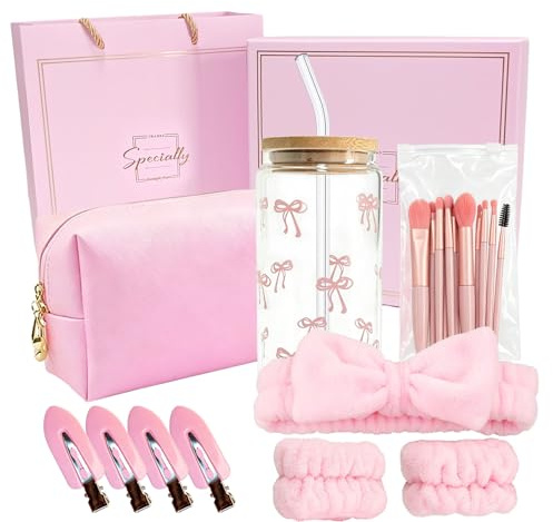Floruvia rosa Geschenkbox Regalo per Ragazze Teenager 9-16 Anni, Set Regalo di Compleanno con Bicchiere di Vetro, Cannuccia, Coperchio, Pennelli Trucco, Borsetta Cosmetica, Fermaglio per Capelli,