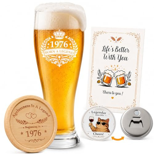 1976 Regalo Hombre 50 Años Jarra de Cerveza de Vidrio Personalizada 580ML | con Posavasos de Madera Abridor de Botellas y Tarjeta Regalo Original Navidad para Padre Tío Amigo Marido