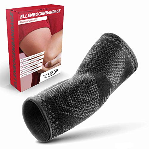 VIGO SPORTS® Bandage Ellenbogen mit Mehrfach Kompression für Damen und Herren I Rutschfeste Ellenbogenbandage stützt sanft die Gelenke und unterstützt bei Beschwerden I Komfort für Rechts & Links