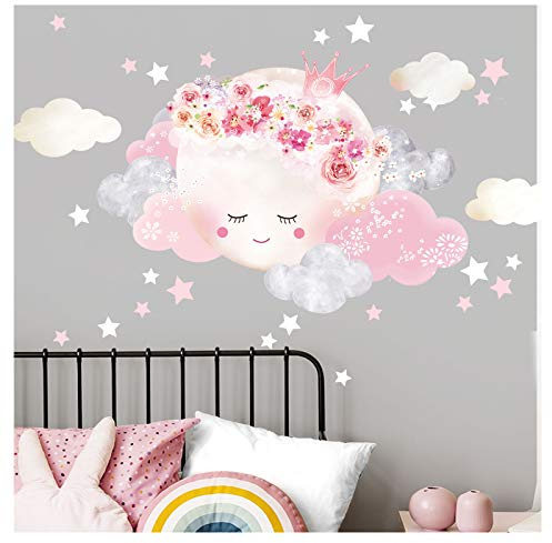 Little Deco Wandtattoo Kinderzimmer Mädchen Mond mit Krone & Wolken I L - 44 x 31 cm (BxH) I Wandsticker Babyzimmer selbstklebend Baby Wandaufkleber Sterne Kinder DL447