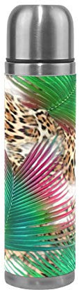 Linomo Thermosflasche Blätter Leopard Druck Edelstahl Wasserflasche,Isoliert Auslaufsicher, Doppelwandig Vakuumflasche für Sport Reise Camping Büro 500 ml