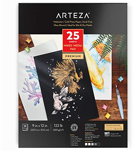 ARTEZA Bloc pour aquarelle, 25 feuilles, 22,86 x 30,48 cm (9 x12), reliées par collage, papier aquarelle 5 tons : Blanc, Crème, Gris clair, Gris et Noir