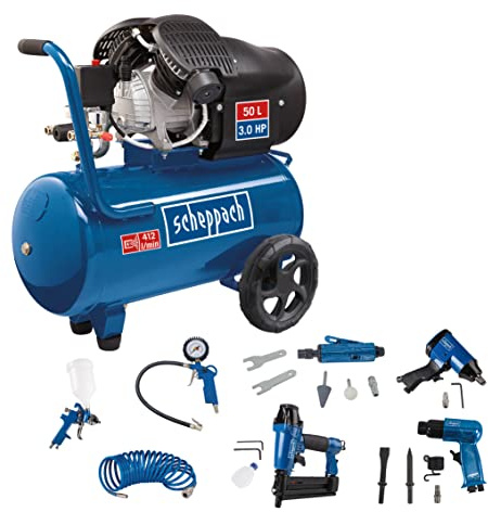 Scheppach Compresseur bicylindre professionnel HC55DC | 50L |Lubrifié | 10bar | 2200W / 3PS | 412L/min de débit d'aspiration | + Set d'accessoires pneumatiques (cloueuse, agrafeuse, ponceuse etc)