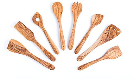 Darido Kochlöffel aus natürlichem Olivenholz 8er Set - ca. 30 cm - handgefertigt - hitze- und kratzbeständig - Küchenutensilien - Holzlöffel, Kelle, Schöpflöffel, Risottolöffel…