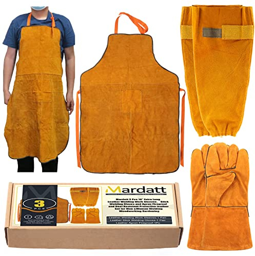 Mardatt 5 Pcs Extra Long Leather Work Sleeves, Gloves and Apron Fireproof and Heat Resistant Protective Set for Men & Women Welding, Woodworking, Gardening