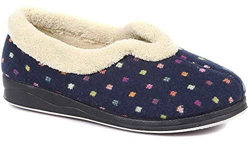 Pavers Ladies Wide Fit Polka Dot Slippers in Navy with Memory Foam and Anti-Odour Treatment Women Fluffy Inner Lining Shoes - Size UK 9/EU 42