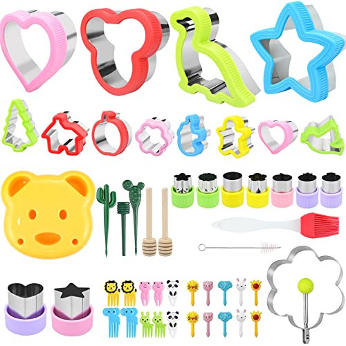 50 Stück Brotausstechformen Kinder Set, Sandwich-Ausstechformen-Set, Edelstahl Brot Gemüse Ausstechformen mit niedlich Obstgabeln, Reinigungsbürste,Honigstab, Micky Maus Dinosaurier Formen