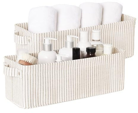 StorageWorks Narrow Storage Bins, Small Basket for Closet and Shelves, Fabric Organizer with Handles, Toilet Paper Storage, Khaki and Beige Stripes, 2-Pack