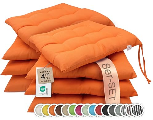 ZOLLNER 8er Set Sitzkissen in 40x40cm - gemütliche Stuhlkissen mit Bindebänder - waschbar bis 30°C - in orange - Oeko Tex® Zertifiziert